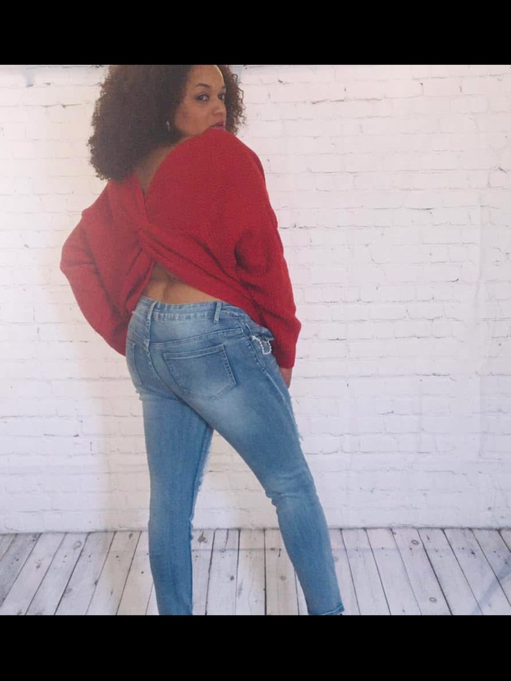 Size S-L love J Red Off-the-Shoulder Twist-Back Sweater